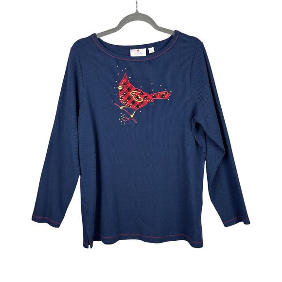 The Quacker Factory Long Sleeve Waffle Knit Thermal L Christmas Cardinal Navy - Picture 1 of 8